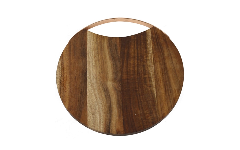 Round Acacia Wooden Cutting Serving Board with Rose Gold Metal Handle
