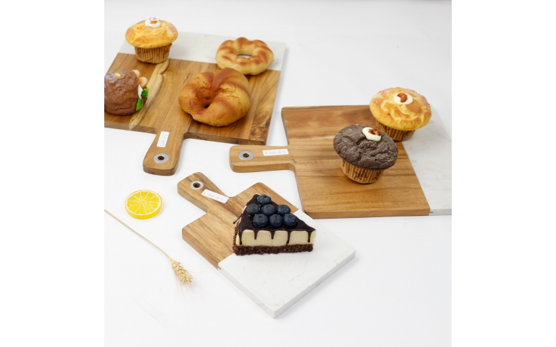 Rectangular Marble and Acacia Wood Food Cutting Serving Pizza Board with Handle